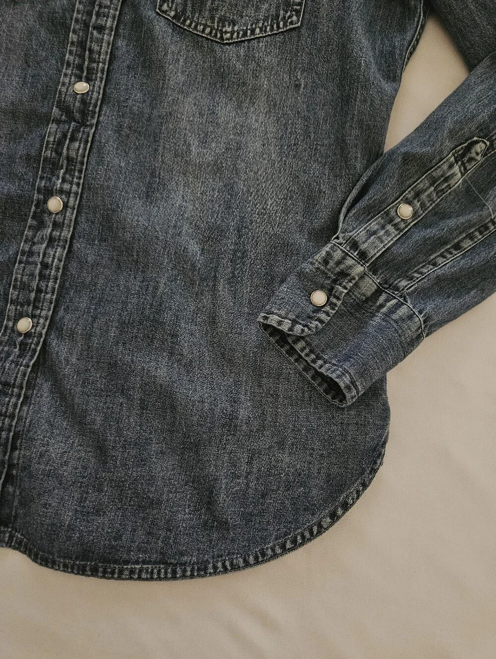 J. Crew Slim Fit Chambray Western Shirt Pearl Snap Denim Blue Size 8